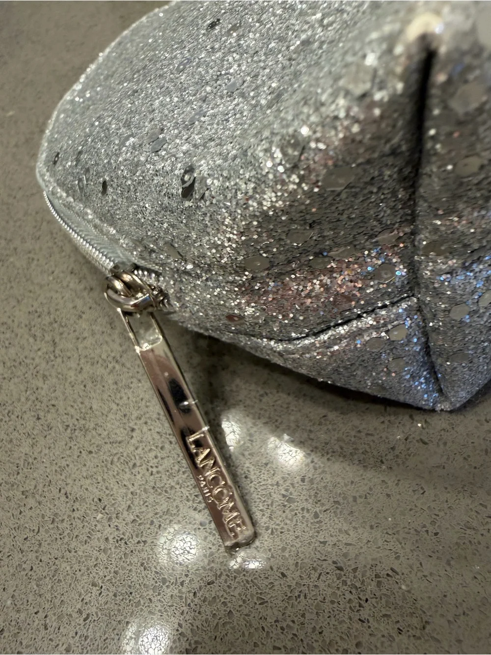Lancome Silver Glitter Cosmetic Bag Makeup Pouch Travel Toiletry Case 8x5.5